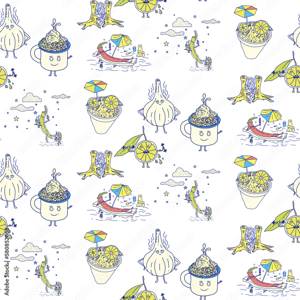Pattern of mexican food characters and mascots elotes and esquites with ...