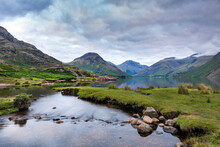 Wast Water In The Lake District On A Calm Summer Evening,  Towards Kirk Fell, Great Gable And Scafell Pike.