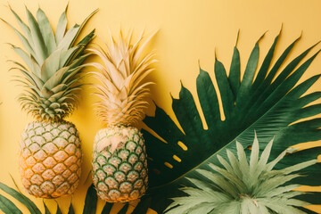  Pineapples and tropical palm leaves on a bright pastel. Illustration AI Generative