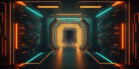 Poster - futuristic digital tunnel with neon lights and lines; ideal as a network, big data, or server backgr
