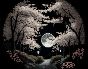 cherry blossoms in the garden and moon at night. generative ai
