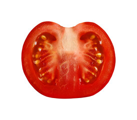 One large tomato slice isolated on transparent background. Close-up front view. Big ripe red vegetable. Food element for advertising layout design, juice packaging, ketchup. Culinary recipe ingredient