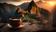 Cup of coffee on background of Machu Picchu, Peru. Copy space. Based on Generative AI