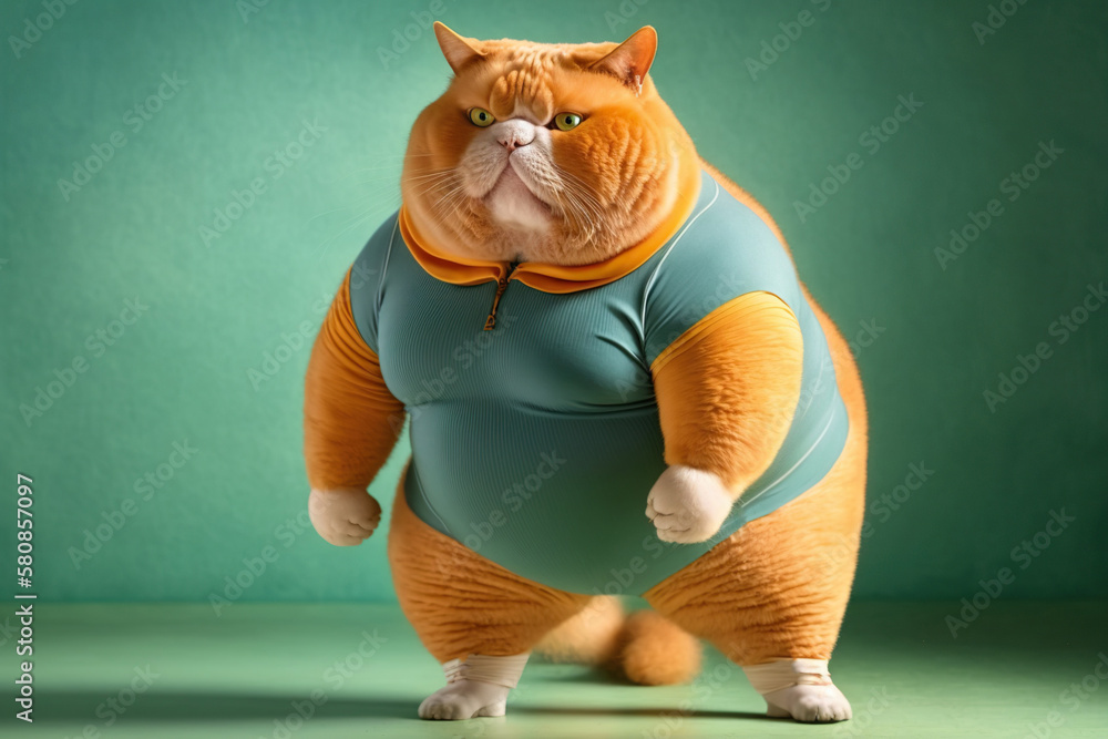 Стокова ілюстрація a very fat cat in sports tight clothes, concept