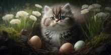 Cute Kitten With Easter Eggs. Easter Card. Meadow With Spring Flower In The Background.