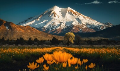  a field of yellow flowers with a snow covered mountain in the background.  generative ai