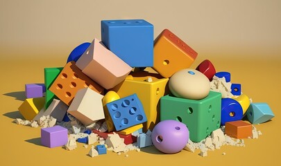  a pile of colorful blocks and toys on a yellow surface.  generative ai