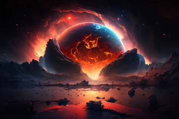 a dramatic space scene with a planet and a bright nebula.