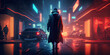 A detective walking down a busy street in neon rain - Generative AI