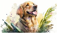 Dogs In Watercolor. Illustration Of Cute Dog In Watercolor With Flowers And Plants. Romantic Images Of Dogs In Watercolor With Pastel Tones, Very Colorful And Romantic. Generated By AI.
