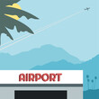 Retro airport with palm trees and plane in sky
