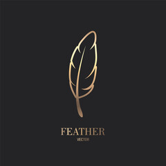 Wall Mural - Vector Fluffy Golden Color Feather Logo Icon, Silhouette Feather Closeup Isolated. Design Template of Flamingo, Angel, Bird Feather. Lightness, Freedom Concept