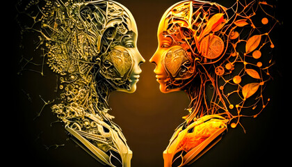 The two faces of woman are facing each other. Organic and technological figures are mixed. Generative AI.