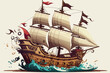 pirate ship sailing, vector illustration
