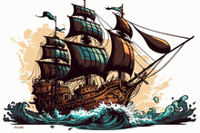 Pirate Ship Sailing, Vector Illustration