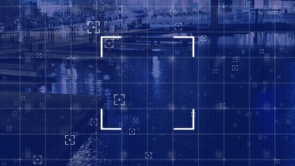 Canvas Print - Animation of financial data processing with marker over grid and cityscape