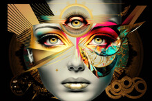 Magic Woman With Three Eyes. Esoteric Background Golden Decoration. Generative AI