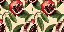 Fruit Pattern. Seamless Pattern Of Pomegranate And Leaves. Vintage Botanical Illustration.	