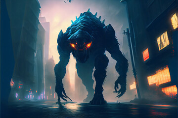 giant monster invading night city. science fiction. Futuristic scene. sci-fi scene of the creature machine invading city. High quality illustration