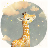 Fototapeta Dziecięca - Watercolor illustration of a giraffe in night sky. Generative AI