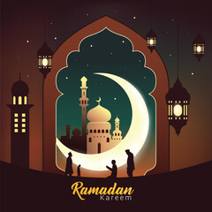 Wall Mural - Ramadan kareem banner with crescent, lantern and mosque vector illustration. Great for greeting card, banner, poster and flyer