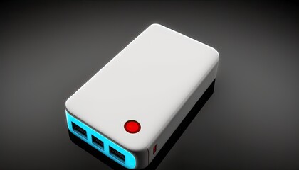 A white portable charger with a blue LED indicator, sitting on a black background with a subtle red gradient. generative ai