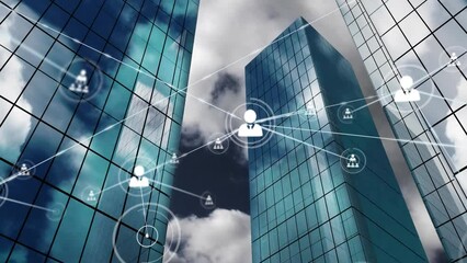Wall Mural - animation of network of connections with icons over modern office buildings