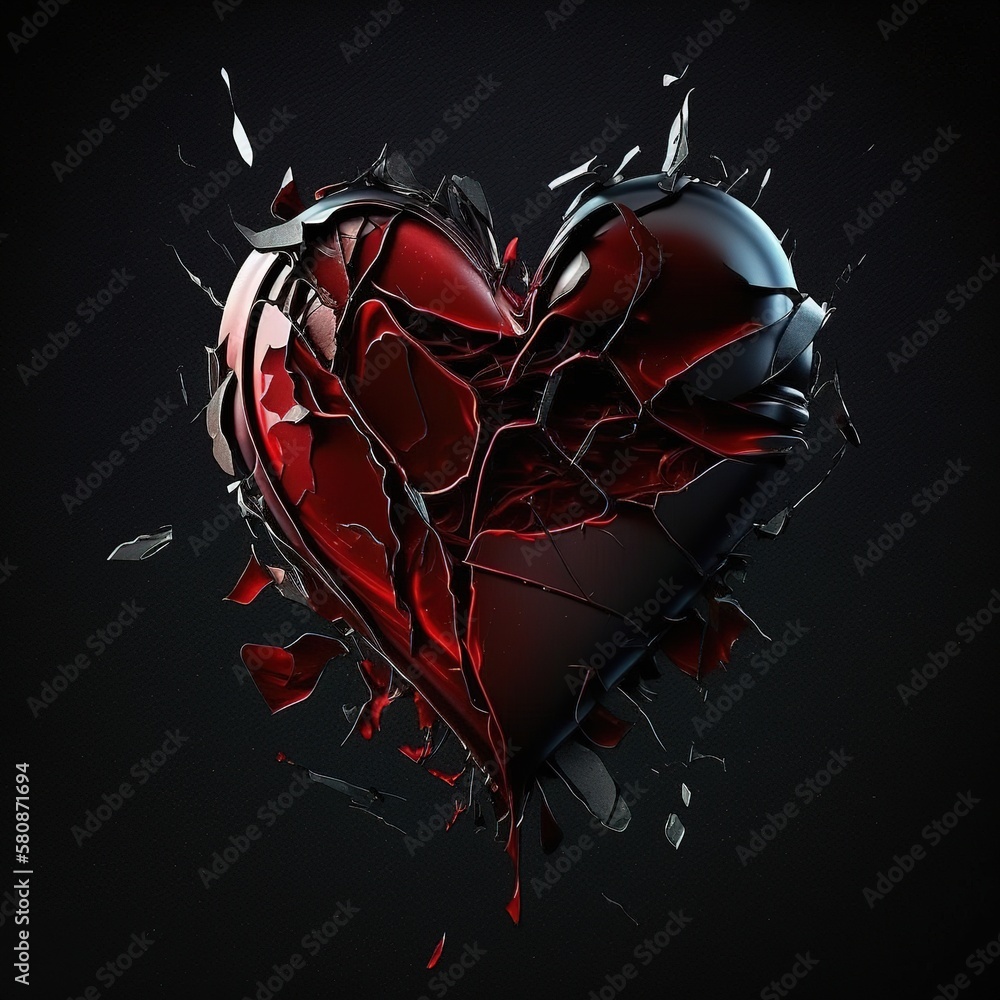 Design of a glass heart broken into pieces, isolated on black background,  realistic, 3d rendering. Ai generated. Stock Illustration | Adobe Stock, image size:1000x1000