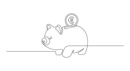 Aufkleber - One continuous line drawing of piggy bank with evro coin. Safe money symbol and business finance concept in simple linear style. Editable stroke. Doodle contour vector illustration