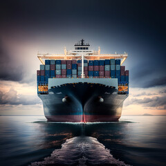  Cargo ship delivers cargo across the ocean. Cargo shipping transportation logistic commerce industry loading export on sea with blue cloud sky background.