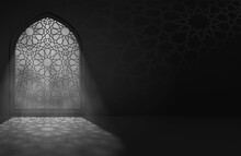 Islamic Picture In Black. Moonlight Shines Through The Window Into The Interior Of The Islamic Mosque With Shadows