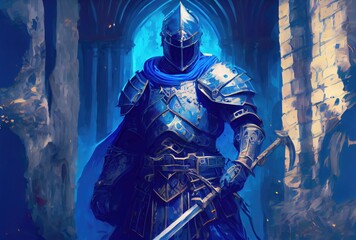 A knight in armor standing guard of the palace background. Medieval and Crusades war concept. Generative AI