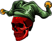 Jester Skull In Fools Cap. Vector Illustration In Engraving Tattoo Style.