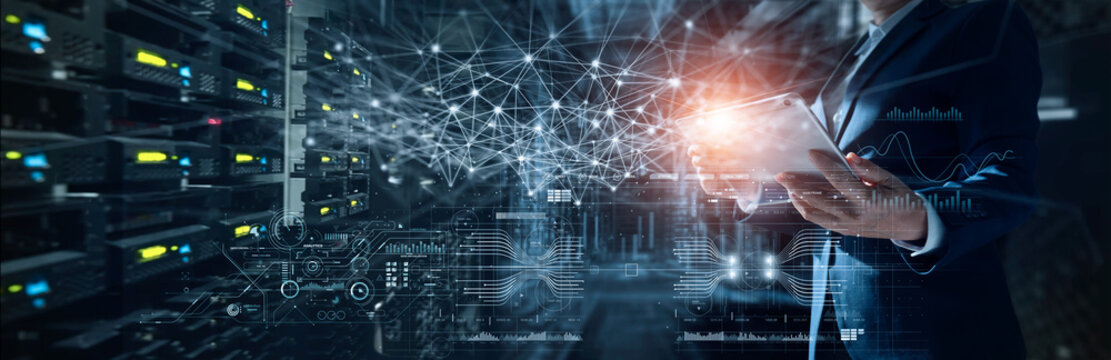 engineer manager connecting data center on global networking in server room of storage systems and c