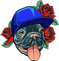 Sticker - Portrait of a Pug dog in a Rose flower head wreath. Vector illustration.