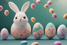 Easter Bunny Egg With Easter Eggs In Line With Coloful Easter Eggs Falling Down, Generative Ai