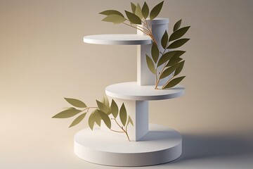 Sticker - pedestal for displaying products in white with leaves made of bamboo. Generative AI