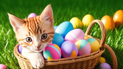 Wall Mural - Cute Kitten Sitting in Basket with Colorful Easter Eggs Background AI Generative