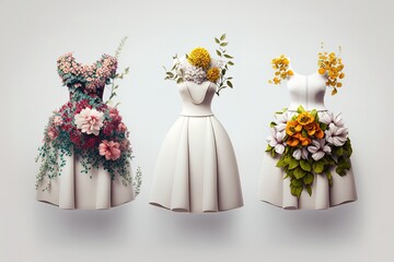 Wall Mural - Colorful flowered white dresses over white background. Generative AI illustration