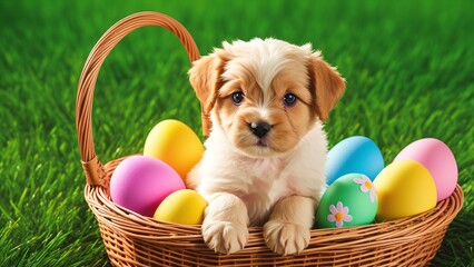 Wall Mural - Cute Puppy Sitting in Basket with Colorful Easter Eggs Background AI Generative