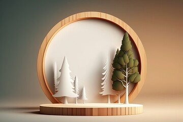 Poster - Eco rural pine tree wood disc podium with a background of white light and shadow. minimal product presentation scene with an empty display. Generative AI