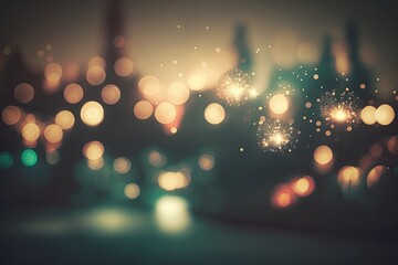 Canvas Print - Vintage fireworks, bokeh, and copy space during New Year's Eve. holiday with an abstract backdrop. Generative AI