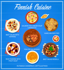 Sticker - Finnish cuisine restaurant food menu. Cream soup Lohikeitto, salad Rosolli and rutabaga casserole Lanttulaatikko, beet salad with herring and pie Kalakukko, pudding with fruit soup, Karelian rice pies