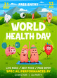 World health day flyer, cartoon funny human organs characters, vector sport event poster. World health day entertainment party with healthy brain and heart on fitness sport and tooth on gym workout