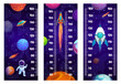Kids height chart ruler with space planets, astronaut and rocketships, vector growth meter. Galaxy rocket shuttle or spaceship and spaceman with alien UFO on baby tall measure ruler or height chart