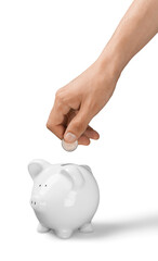 Poster - Hand putting coin to piggy bank and coins on white background