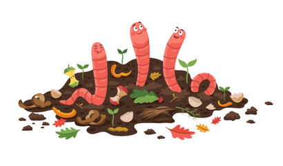 Cartoon compost worms. Isolated vector earthworms in organic garbage heap with leftovers and growing plants. Cute worm characters working in garden soil. Funny invertebrate personages recycling food