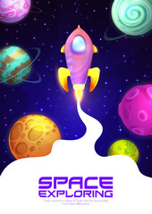 Wall Mural - space exploring rocket and galaxy planets in spaceflight adventure, cartoon vector background poster