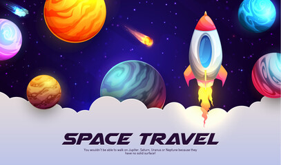 Wall Mural - space travel cartoon galaxy landscape with spaceship, planets and comets. vector banner with rocket 
