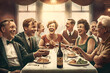 A classic cartoon of a big extended family having a celebration big dinner around a round table, everyone smiling and having fun, drinks and food aplenty, happy and cheerful
